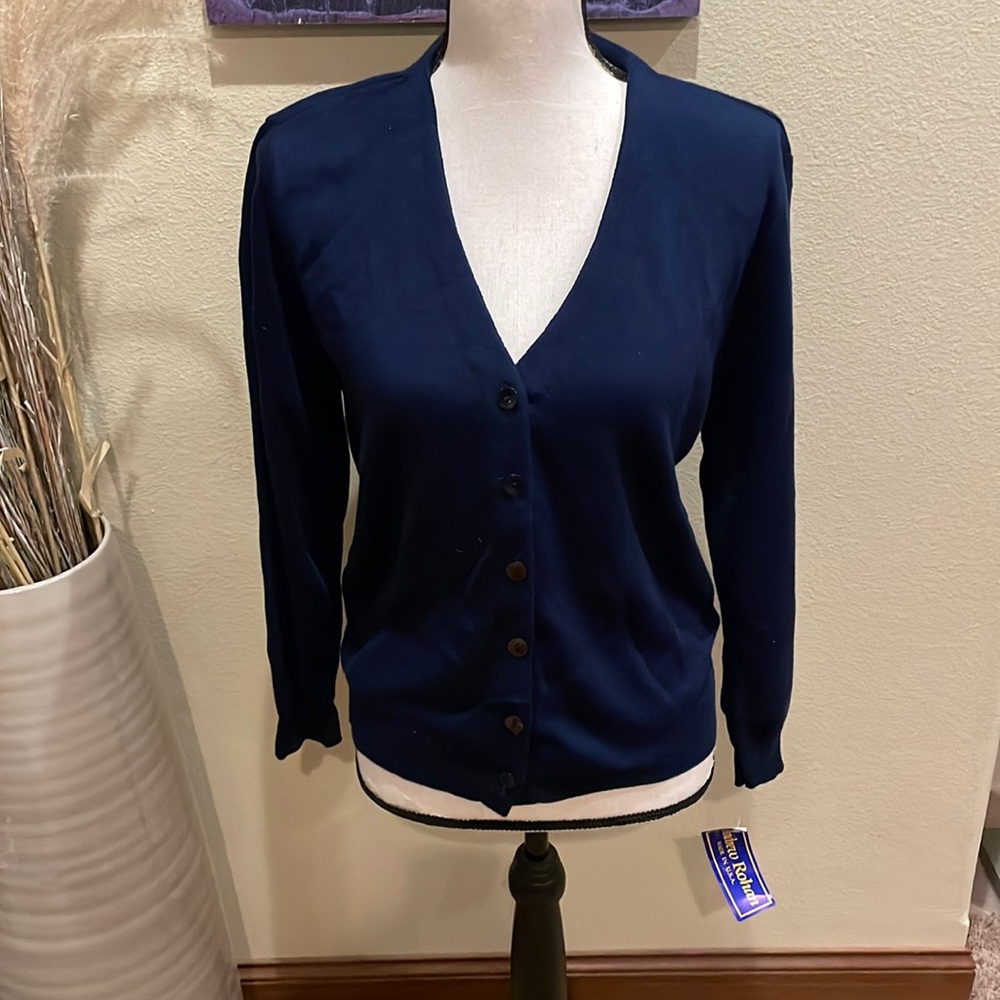 Vintage NWT’s Old Stock Andrew Rohan Ladies Made in USA Navy Cardigan Sweater L